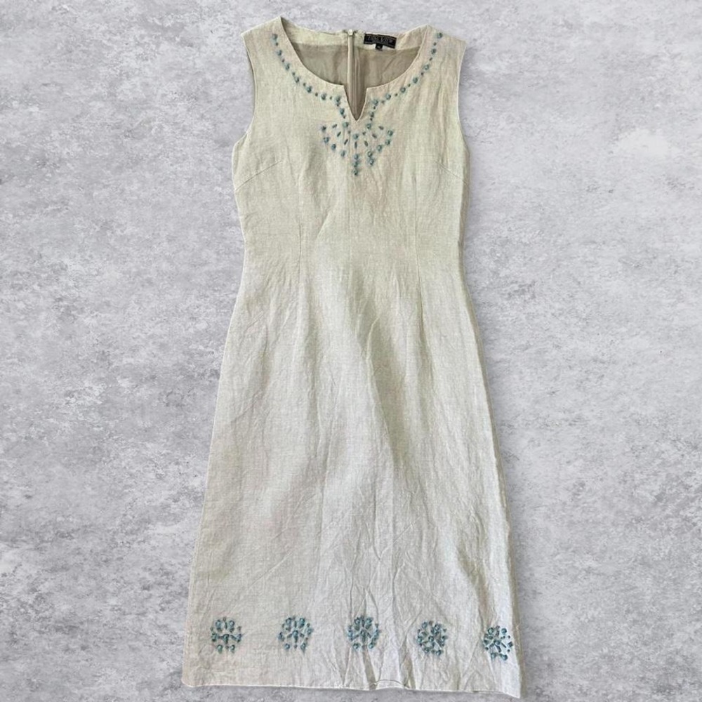 Dual View Beige Linen Beaded Sleeveless Midi Sheath Dress Turquoise Beading‎ - Picture 2 of 8